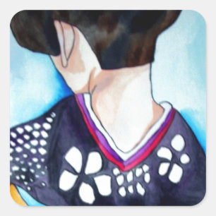 Sticker Carré Geisha avec kimono bleu foncé peinture d'art origi