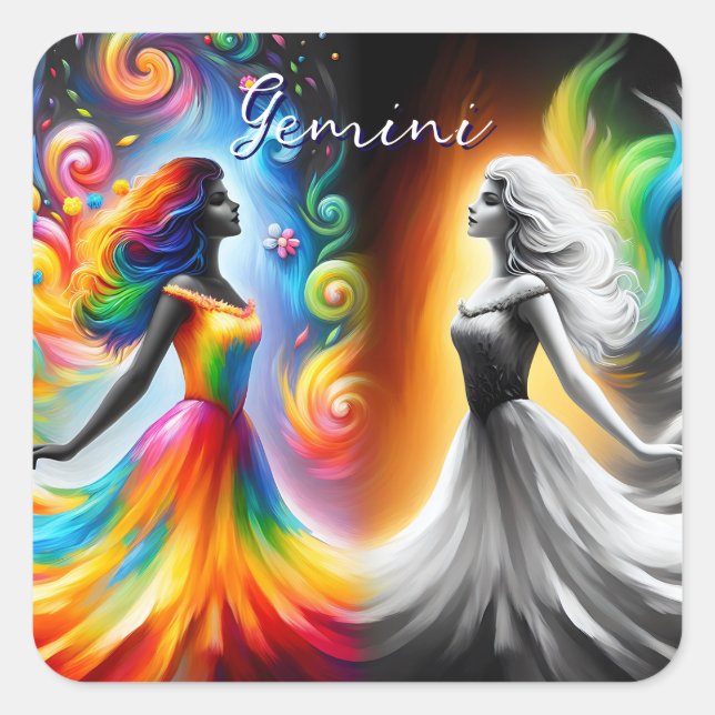 Sticker Carré Gemini Twins Couleur et noir et blanc Horoscope (Devant)