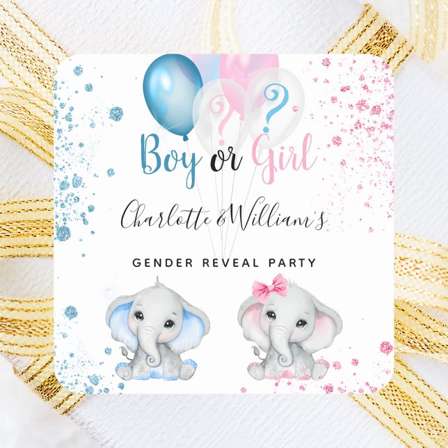 Sticker Carré Gender reveal boy girl blue pink glitter elephants (Créateur téléchargé)
