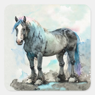 Sticker Carré Gentil Cheval de Trait Shire Aquarelle Bleu
