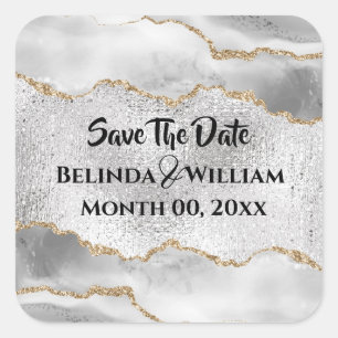 Sticker Carré Géode faux argent or agate blanche aquarelle chic