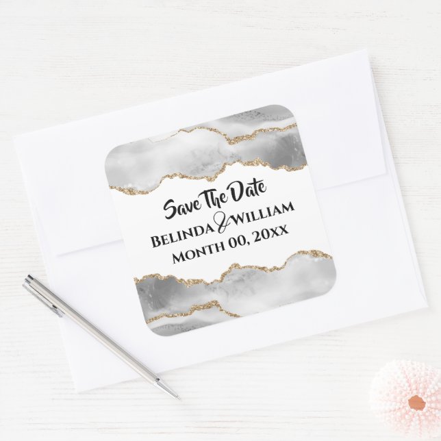 Sticker Carré Géode faux or blanc agate couples hitté (Enveloppe)