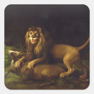 Sticker Carré George Stubbs   un lion attaquant un mâle, c.1765
