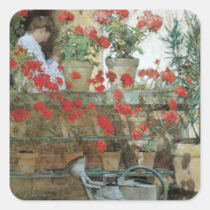 Sticker Carré Geraniums par Childe Hassam, Impressionnisme Vinta