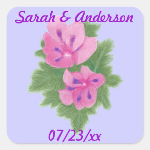 Sticker Carré Geraniums rose violet Floral Enregistrer la date S