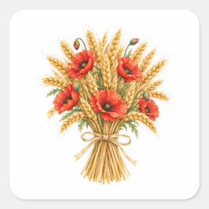 Sticker Carré Gerbe de blé avec coquelicots rouges