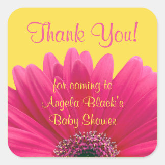 Sticker Carré Gerbera rose marguerite Merci de Baby shower jaune