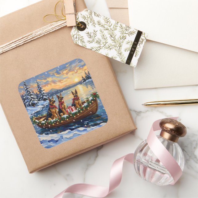 Sticker Carré German Shepherd Christmas Boat Holiday (Cadeaux)