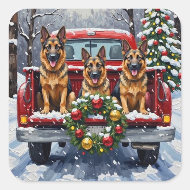 Sticker Carré German Shepherd Christmas Red Truck Holiday (Devant)