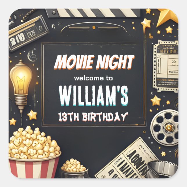 Sticker Carré Get boy Camping Popcorn Film Nuit 13e anniversaire (Devant)