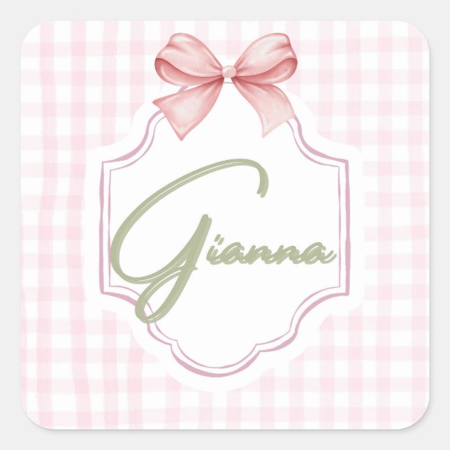 Sticker Carré Gianna Baby Girl Nursery Bow&En vichy personnalisé (Devant)