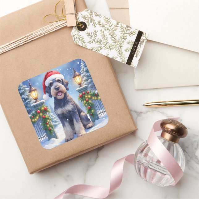 Sticker Carré Giant Schnauzer Snowy Iron Fence Santa Christmas (Cadeaux)