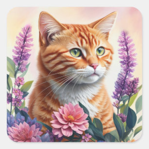 Sticker Carré Ginger Cat Floral Multicolor Art