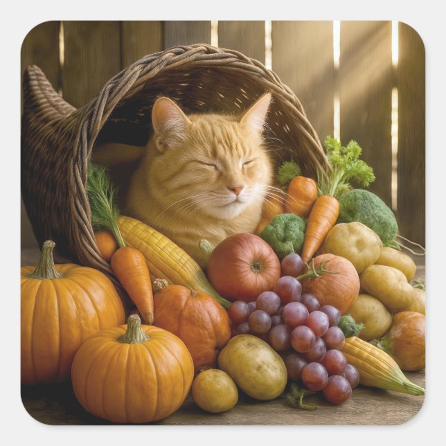 Sticker Carré Ginger Cat In a Thanksgiving Cornucopia (Devant)
