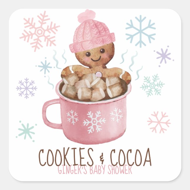 Sticker Carré Gingerbread Cookies & Cocoa Fille Baby Shower (Devant)