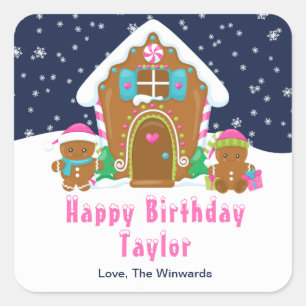 Sticker Carré Gingerbread House Navy et Pink Joyeux anniversaire