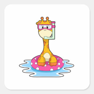 Sticker Carré Girafe à la natation avec tuba