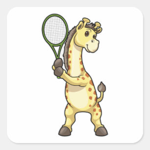Sticker Carré Girafe au Tennis avec raquette de tennis