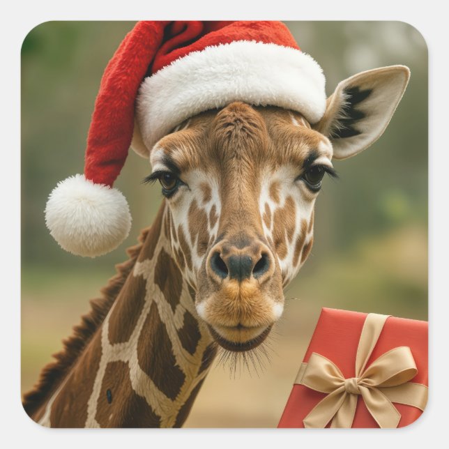 Sticker Carré Girafe de Noël avec cadeau de fête (Devant)