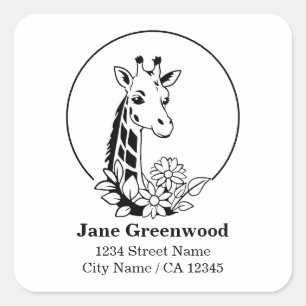Sticker Carré Girafe Et Fleurs Nom Et Adresse