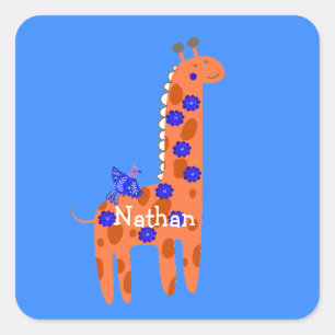 Sticker Carré Girafe oiseau folk nom personnalisé Orange Bleu 