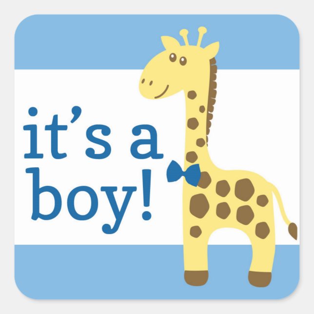 Sticker Carré Giraffe en Baby shower bleu Bow pour garçon (Devant)