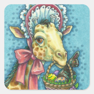 STICKER CARRÉ GIRAFFE EN BONNET DE PÂQUES AU PRINTEMPS, BASSIN D