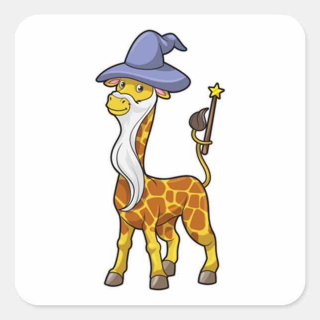 Sticker Carré Giraffe en magie avec baguette magique et Casquett (Devant)