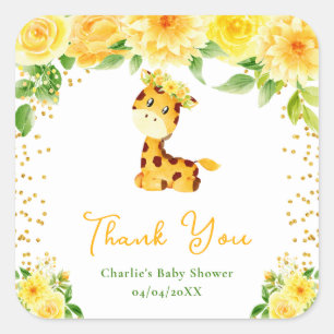 Sticker Carré Giraffe Jaune Baby shower Floral Merci