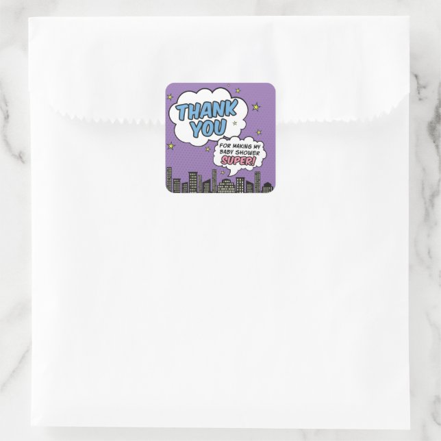 Sticker Carré Girl Comic Book Superhero Baby shower Merci (Sac)
