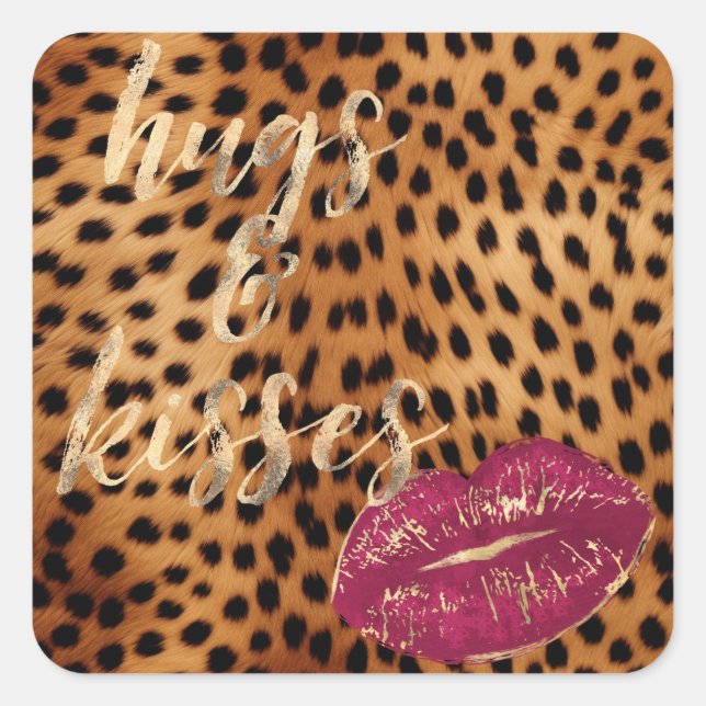 Sticker Carré Girl Glam Cheetah Leopard Hugs & Kisses Lips (Devant)