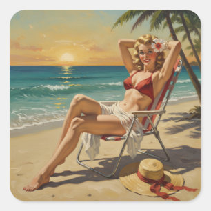 Sticker Carré Girl On the Beach Retro 'les années 50 Pin-up art