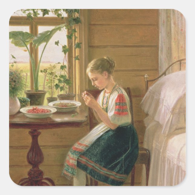Sticker Carré Girl Peeling Berries, 1880 (Devant)