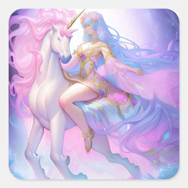 Sticker Carré Girl Riding a Unicorn (Devant)