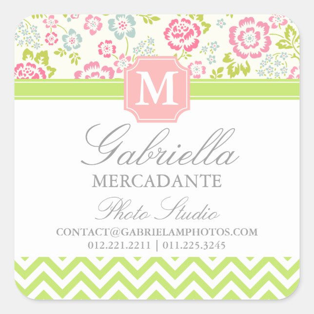Sticker Carré Girl Spring Floral Chevron Personnalisé Monogramme (Devant)
