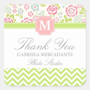 Sticker Carré Girl Spring Floral Chevron Personnalisé Monogramme