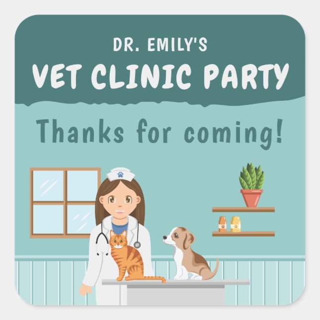 Sticker Carré Girl Veterinarian Pet Clinic Birthday Thank You (Devant)