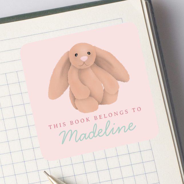 Sticker Carré Girls Cute Bunny “This Book Belongs” Bookplate  (Créateur téléchargé)