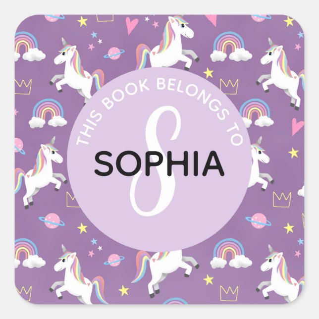 Sticker Carré Girls Cute Unicorn Motif et nom Kids Boplate (Devant)