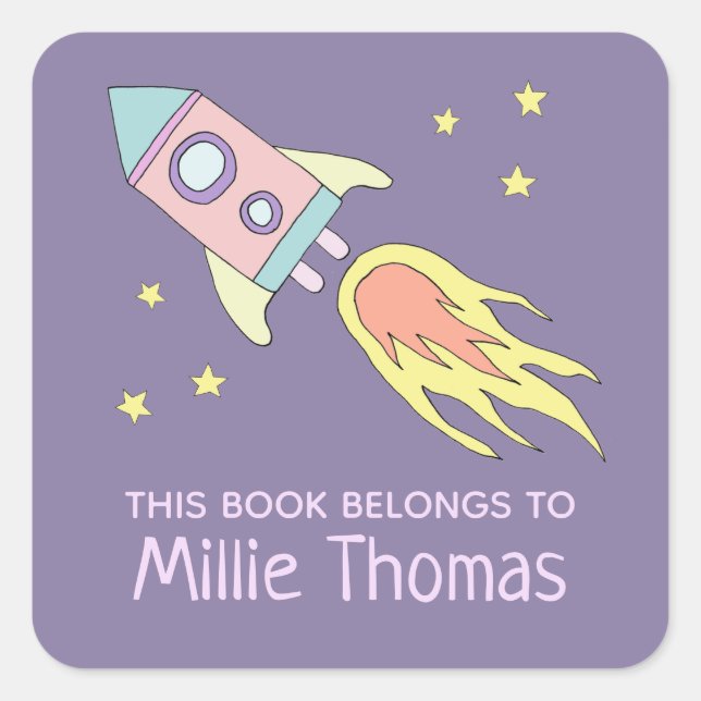 Sticker Carré Girl's Rocket Ship 'This Book Belongs' et nom (Devant)