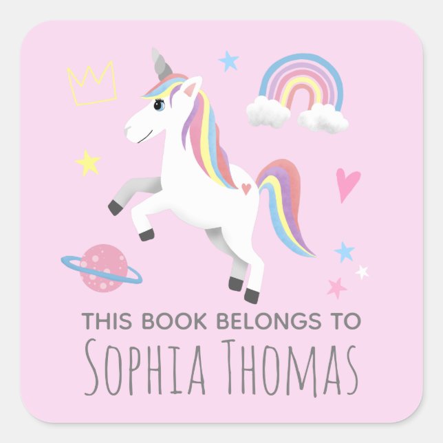 Sticker Carré Girls Unicorn 'Ce Livre Appartient' Plate-forme po (Devant)