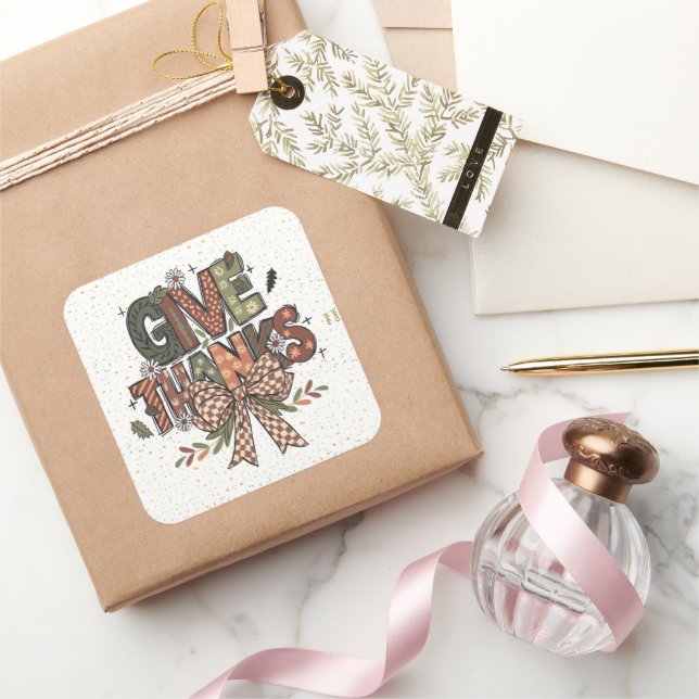 Sticker Carré Give Thanks Patchwork Bow (Cadeaux)