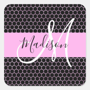 Sticker Carré Glam Black Metallic Rose Honeycomb Nom du monogram