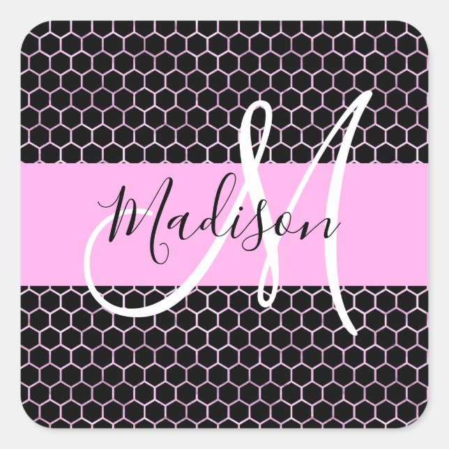 Sticker Carré Glam Black Métallic Rose Nid d'abeille Monogramme  (Devant)