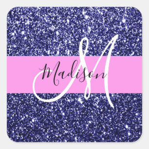 Sticker Carré Glam Bleu Nuit Rose Paillettes Paillettes Nom Mono