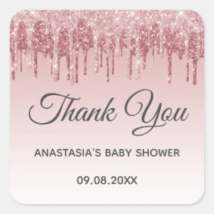 Sticker Carré Glam Blush Rose Gold Paillet Merci Baby Shower