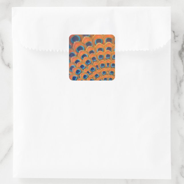 Sticker Carré Glam Boho Orange Blue Peacock Plumes (Sac)
