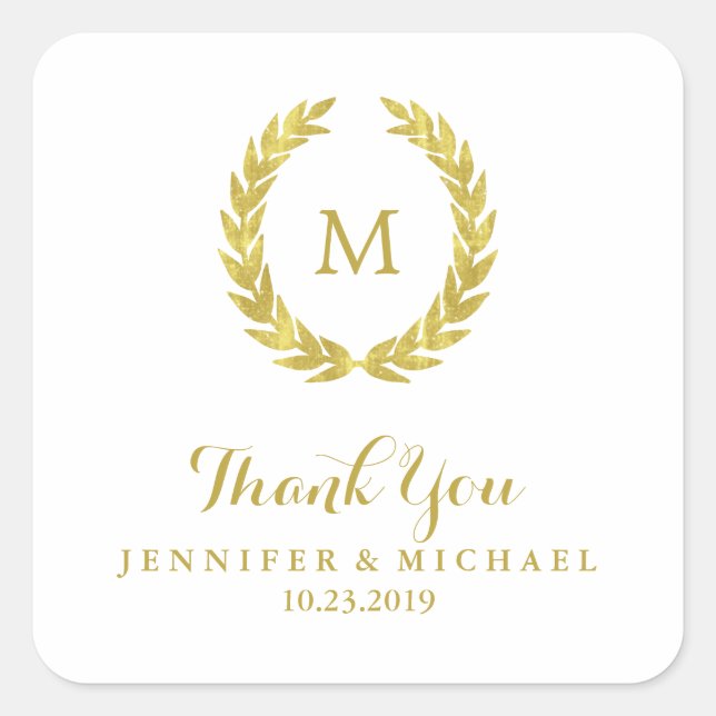 Sticker Carré Glam Faux Gold Foil Laurel Wreath Monogram Mariage (Devant)