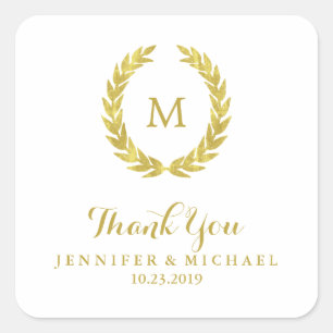 Sticker Carré Glam Faux Gold Foil Laurel Wreath Monogram Mariage