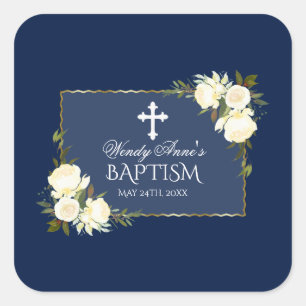 Sticker Carré Glam Gold Marine Bleu Blanc Floral Invitation